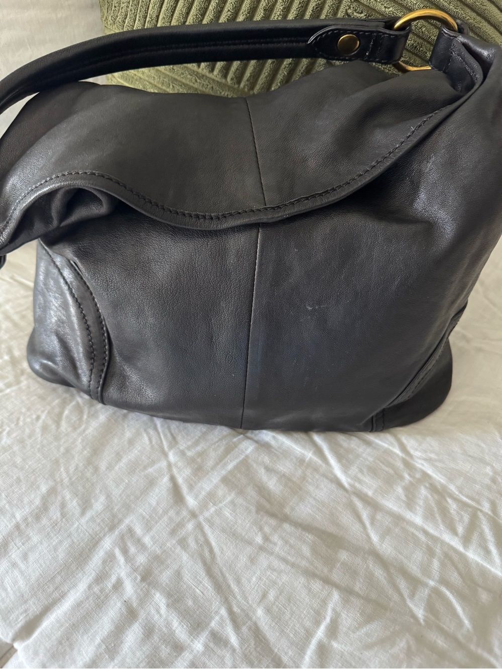 Frye Black Leather Hobo with Brass Ring Accent
